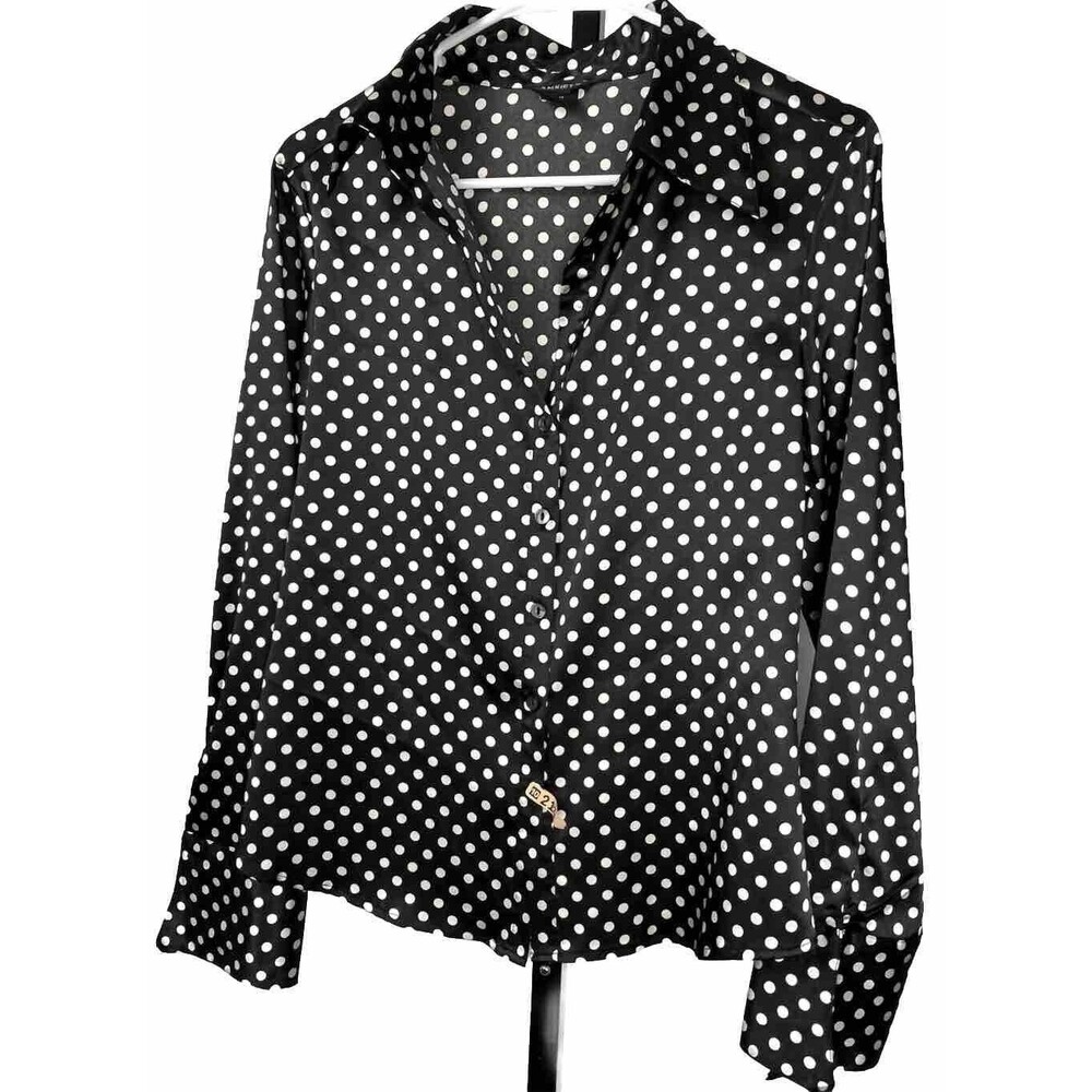 Anxiety Top Long Sleeve Button Up Blouse Black Polka Dots Wing Cuffs Large‎ Twee